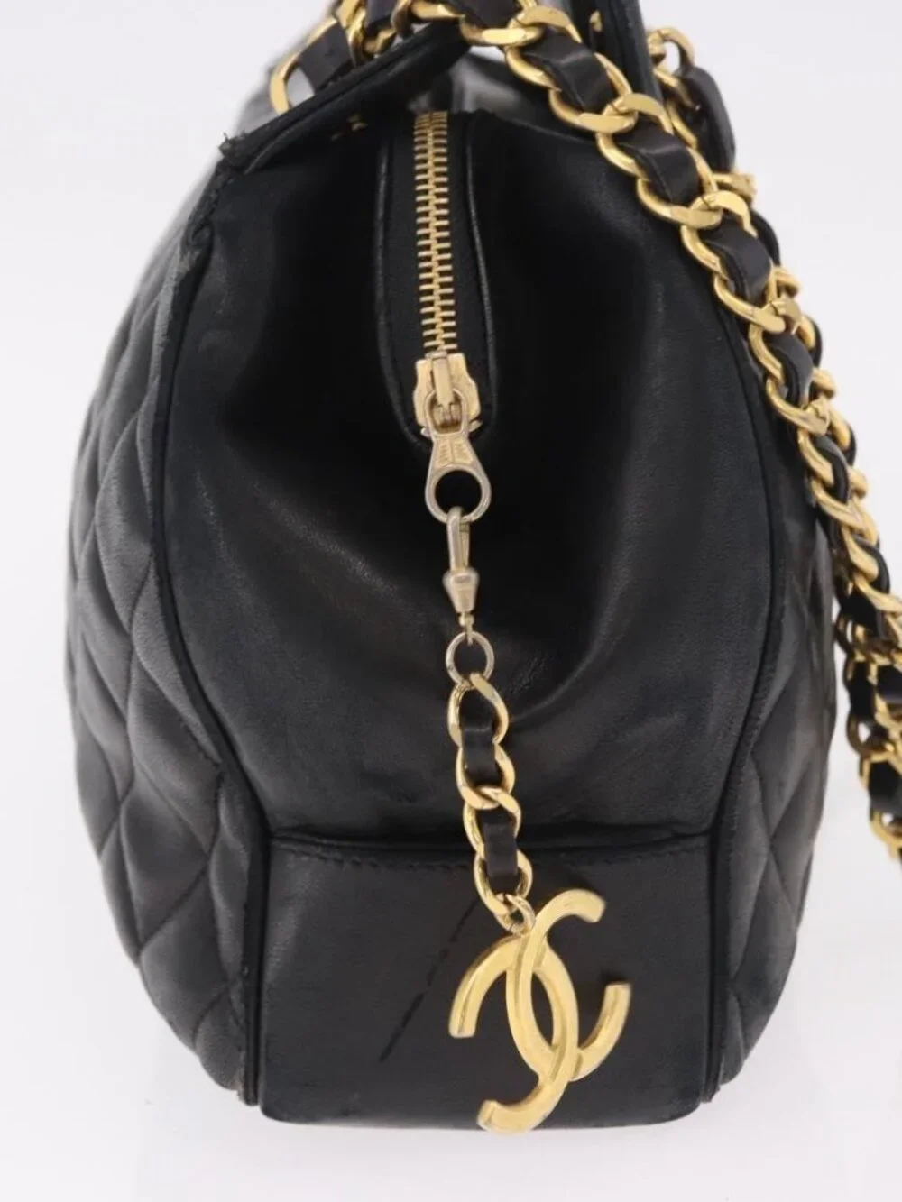 CHANEL Matelasse Chain Shoulder Bag Lamb Skin Black Gold CC Auth gh2091
